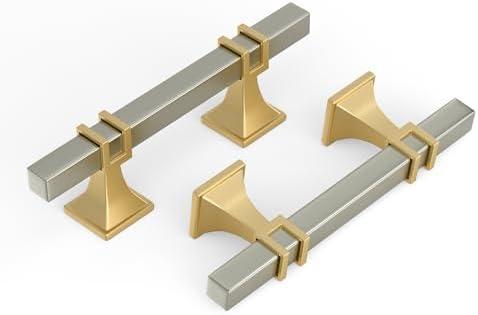 Haliwu 25 Pack 3 Inch Brushed Nickel and Gold Cabinet Pulls Silver Drawer Handles Square 2 Tone Hardware for Kitchen Cupboard