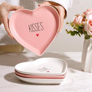 Heart Plates Valentines Day Decor: 4pcs Pink White Heart Shaped Ceramic Dessert Plates Porcelain Galentines Day Plates, Romantic Valentines Day Decorations for the Home Gifts Party Supplies