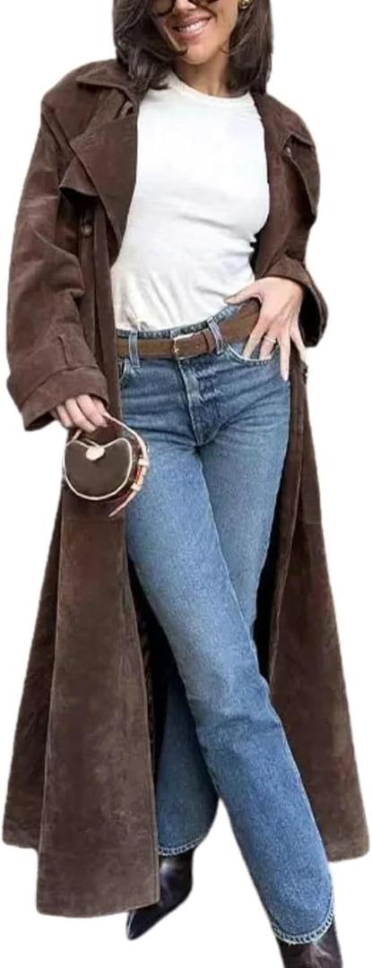 utcoco Womens Faux Suede Long Trench Coat Notched Lapel Double Breasted Pea Coat Overcoat with Belt (Medium, Brown)