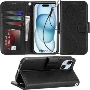 Arae Compatible with iPhone 15 Case with Card Holder and Wrist Strap Wallet Flip Cover for iPhone 15 6.1 inch Men/Women, Kickstand, Wristlet, RFID Blocking,Litchi Black