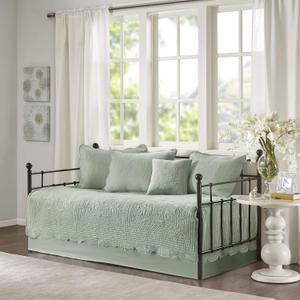 Madison Park Daybed Cover Set Damask Quilted Cover for Daybeds, All Season, Pre-Washed Cotton-Filled Coastal Bedding Scallop Edge, Shams, Bedskirt, Dcor Pillows, Tuscany, Seafoam, 39"x75", 6 Piece