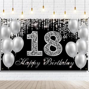 18th Birthday Banner Backdrop, Happy 18th Birthday Decorations for Boys Girls, Black Silver 18 Year Old Birthday Party Yard Sign Photo Props Decorations Supplies for Men Women, Fabric