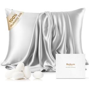 Bedsure 100% Mulberry Silk Pillowcase for Hair and Skin,Light Grey Silk Pillow Case with Hidden Zipper, Gifts for Women Men, King Size Single Pack,20x36 Inches