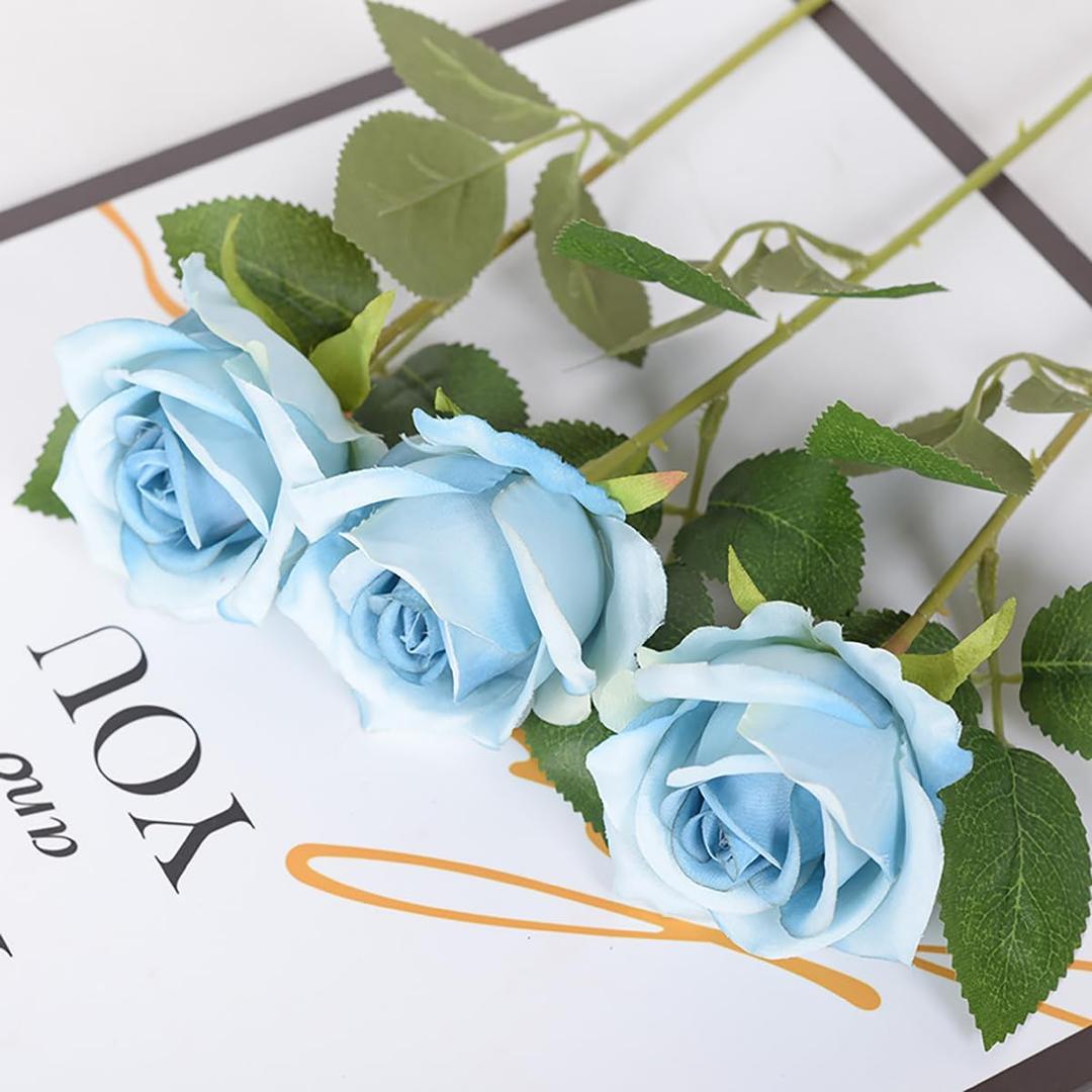 Blue Fake Roses Artificial Flowers 10 Pcs Real Touch Silk Faux Roses with Long Stems for Home Wedding Hotel Office Centerpiece Decor