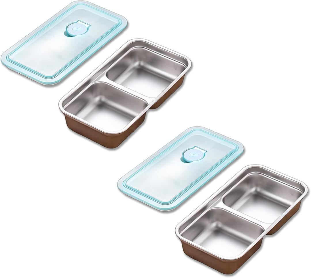 Stainless Steel Snack Containers, 2 Compartment lunch box with Lids, Reusable Food Storage Containers with Lids for Travel, Outdoor, Camping (2pcs)
