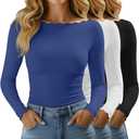 Huukeay 3 Pack Women's Long Sleeve Tops Lettuce Trim Boat Neck Shirts Slim Fit Casual Basic Fitted Tees S