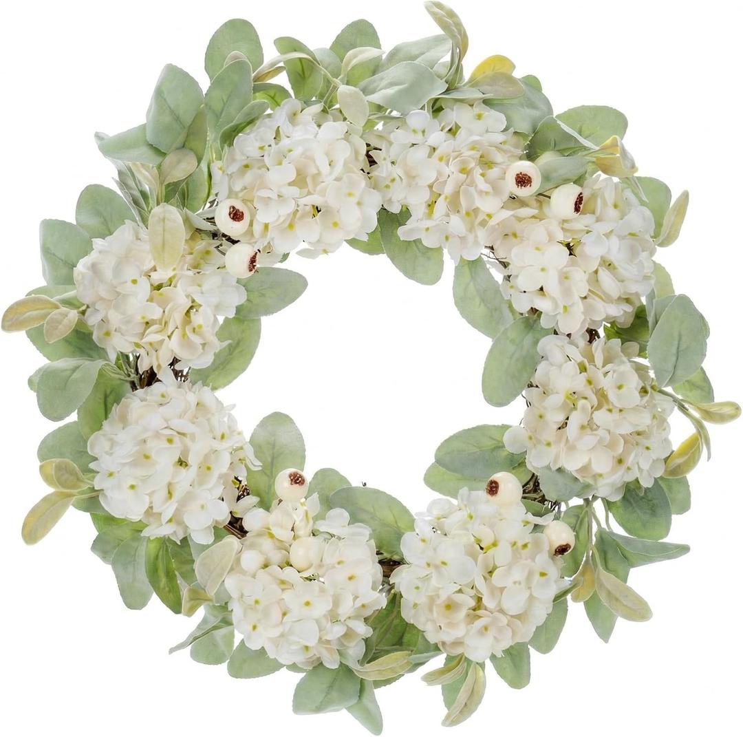 Hydrangeas Wreaths for Front Door Decor, 20" Artificial White Hydrangea Macrophylla Wreath Decorations for Spring Summer Home Door Window Outside Wall Indoor Outdoor Porch and Wedding Party