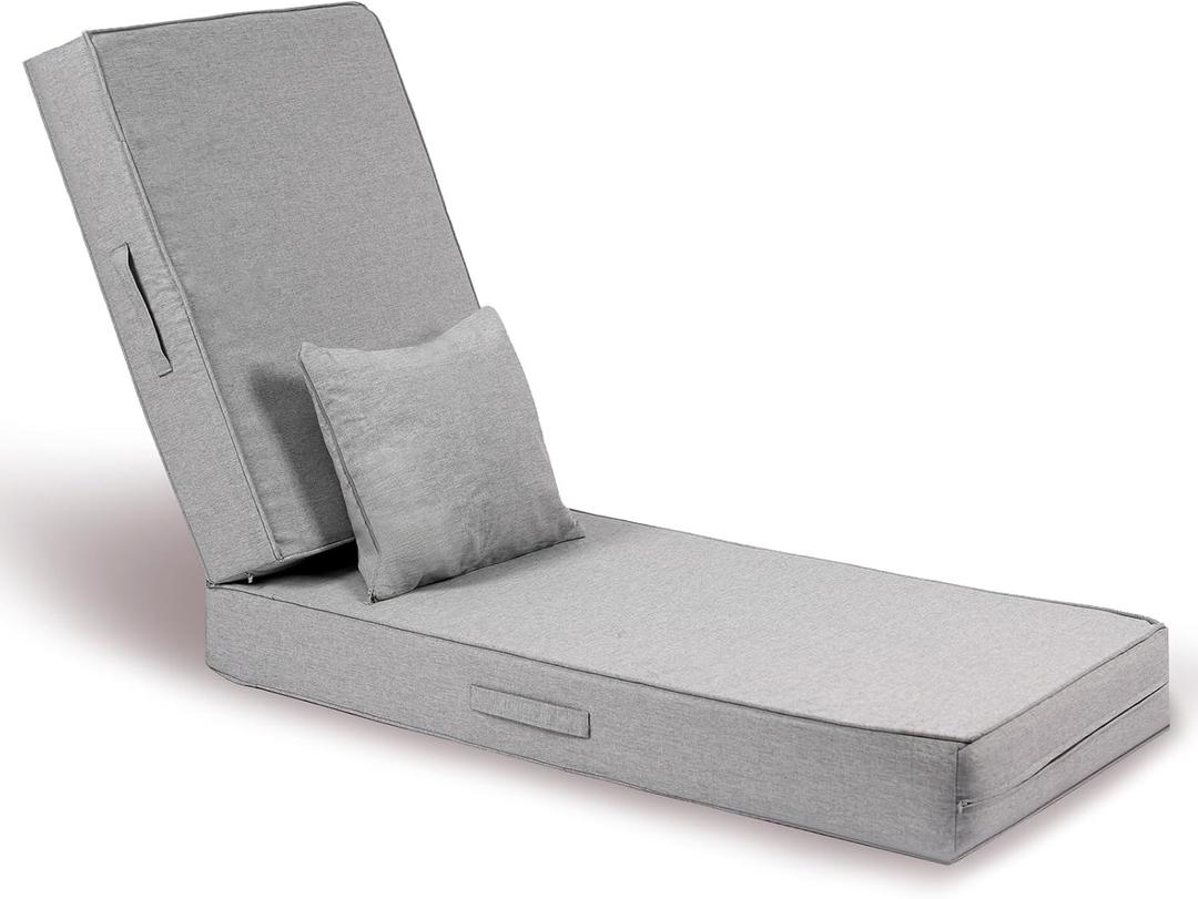 Outdoor Water-Resistant Olefin Chaise Lounge Cushions with Pillow, Weather and Fade Resistant Patio Furniture Lounge Chair Cushion Ideal for Patio, Lawn, Garden, Light Gray, 72"L x 21"W x 5"T
