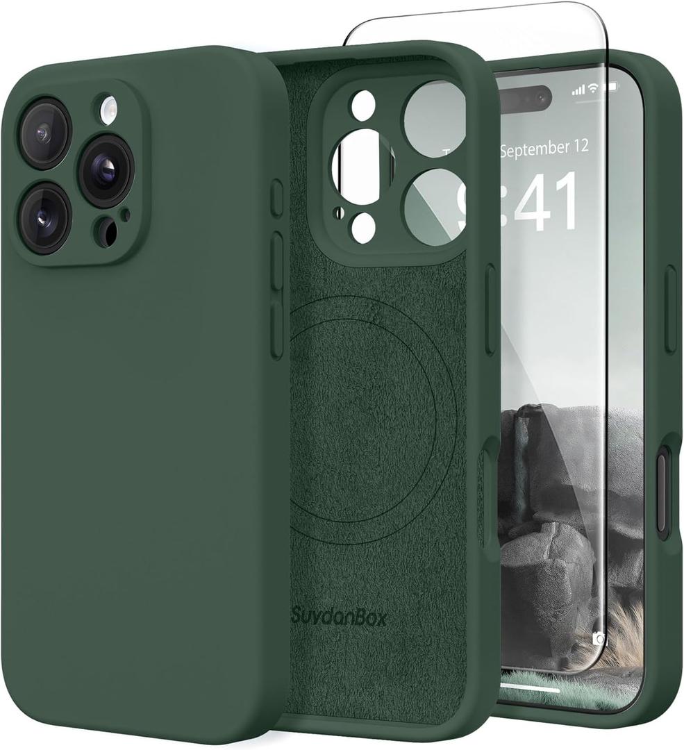Magnetic for iPhone 16 Pro Case, Compatible with MagSafe, [Full Camera Protection][Screen Protector] Silicone Shockproof Protective Phone Case for iPhone 16 Pro 6.3", Alpine Green