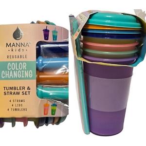 4 Pack Manna Kids Reusable Color Changing Tumbler & Straw Set (354 ml 12 oz) NEW