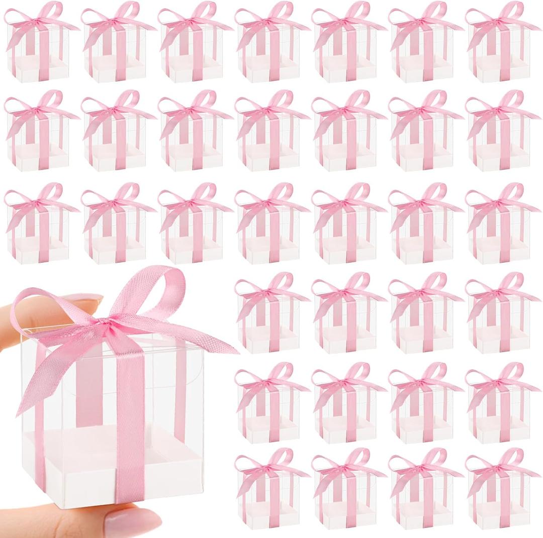 Hxezoc 50 Pack Favor Boxes 2x2x2 Inches Clear Candy Treat Boxes with Pink Ribbons, Mini Plastic Gift for Wedding, Birthday Party, Baby Shower, Classroom Decoration Supplies