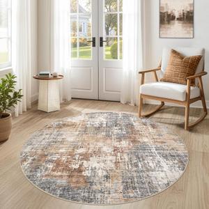 DMOYEST 5ft Round Area Rug Living Room Rugs - 5x5 Washable Large Soft Indoor Neutral Modern Abstract Low Pile Rug Carpet for Bedroom Dining Room Farmhouse Home Office - Grey Brown