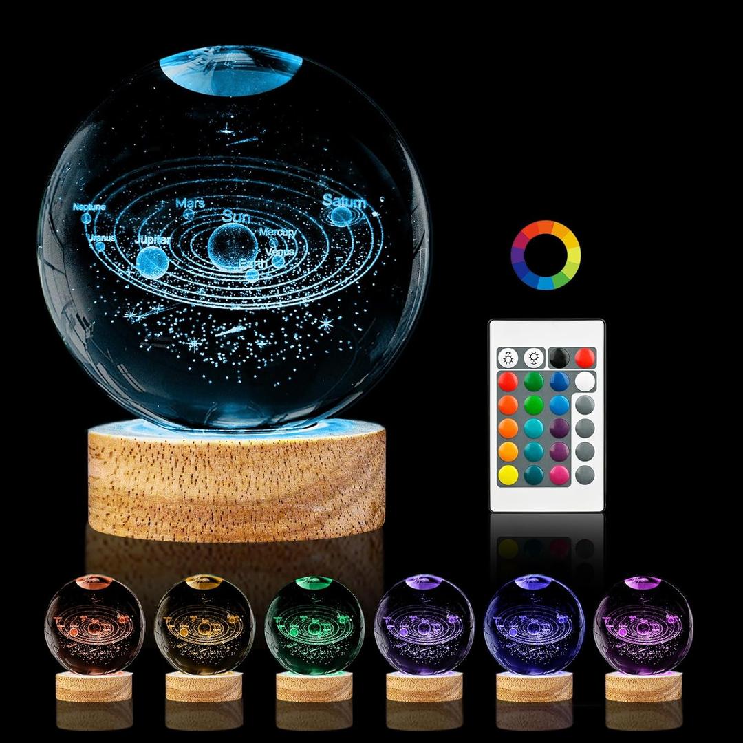 3D Solar System Crystal Ball Night Light,3.15in k9 Crystal Ball Lamp with 16 Colors Change,Wooden Base and Remote Control Decor Gifts for Kids (Solar System)