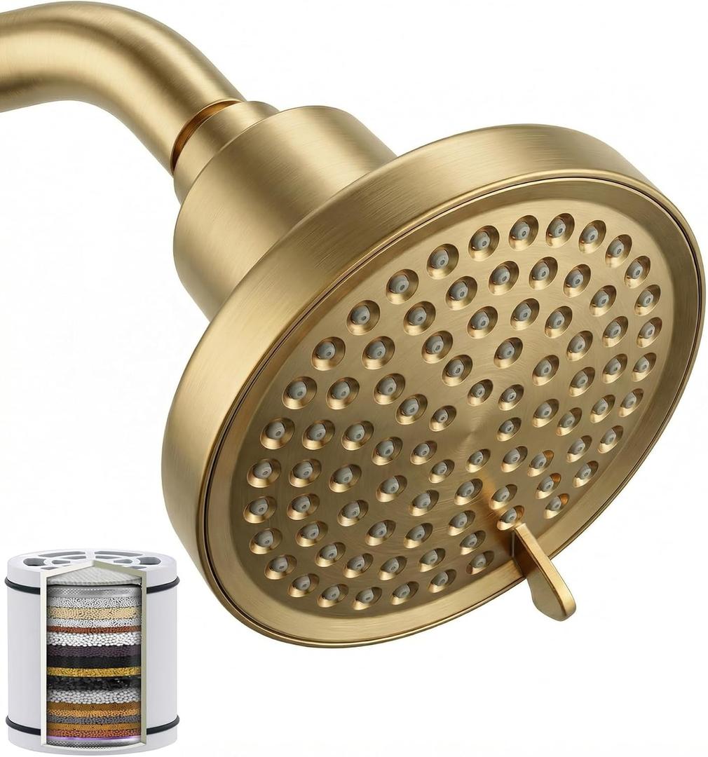 Fixed Shower Head  Filter COMBO ! Anti - Chlorine Hard Water Filtered Shower Heads- 7 Sprays High Pressure Showerheads with 25 Stage Filtration (Brushed Gold)