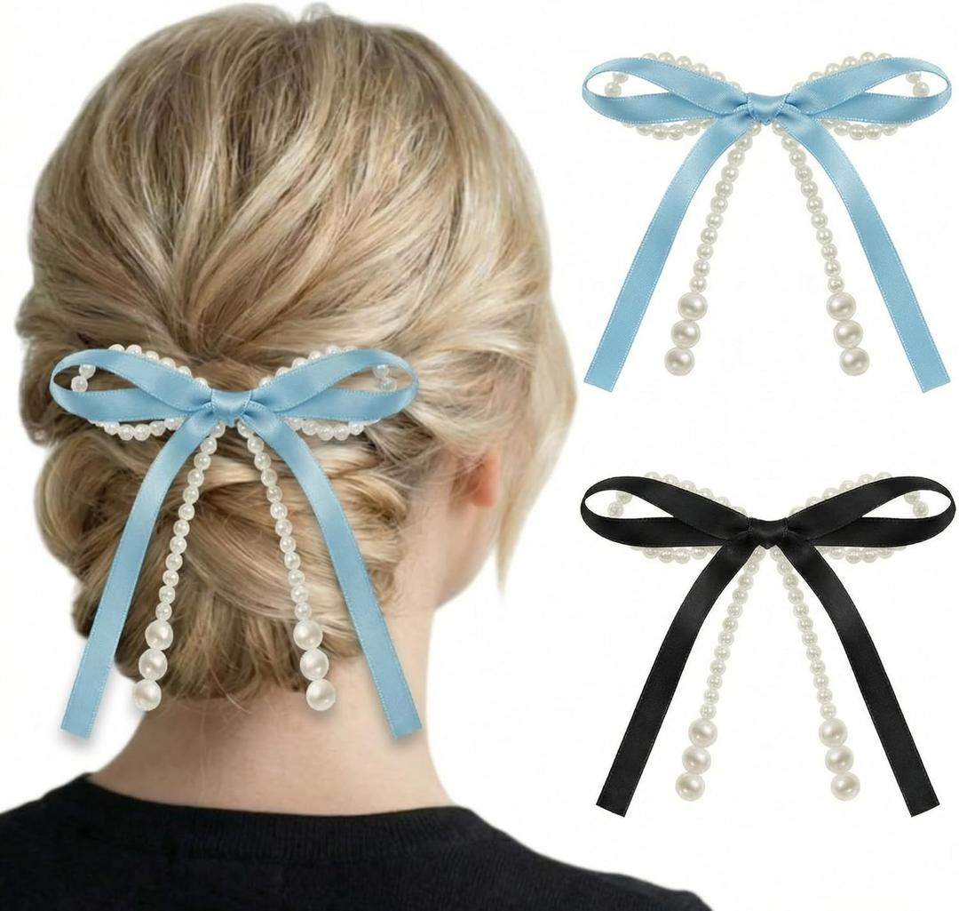 2 x 12 Pcs Satin Pearl Bow Hair Clips, Non-Slip Duckbill Barrettes for Women Girls for Weddings Parties Daily Use