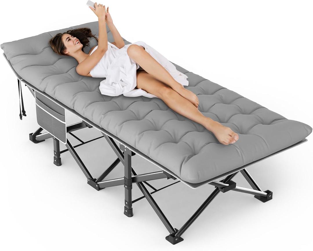 ZENPETIO Camping Cots for Adults, Portable Folding Sleeping Cot with Carry Bag, 1200D Double Layer Oxford Ultra Soft Cot Bed with Mattress, Tent Cot for Travel Office Hospital, Support 500lbs, Gray (Grey Frame + Grey Pad)