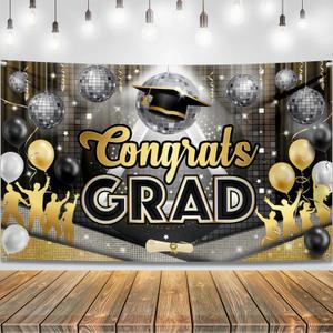 KatchOn, XtraLarge Congrats Grad Banner - 72x44 Inch | Graduation Backdrop Class of 2025 for Black and Gold Graduation Decorations 2025 | Disco Grad Banner