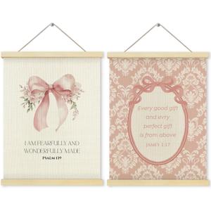 2 x Shrago Vntage Baby Girl Nursery Decor, Coquette Pink Bow Christian Wall Art, Motivational Wall Art,Psalm 139 James 1:17 Bible Verses Girly Poster Hanger Frame for Home Girls Dorm Room Apartment Wall Decor,12x16 Inch Set of 2