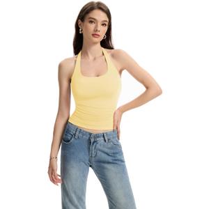 Halter Tank Tops for Women Double Lined Backless Going Out Tops Trendy Y2K Summer Shirt (Small, Yellow)