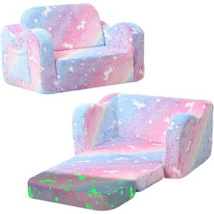 MeMoreCool Glowing Rainbow Unicorn Kids Chair - Convertible 2-in-1 Fold-Out Kids Couch for Girls, Glow-in-the-Dark Plush Sofa with Washable Cover, Soft Foam Lounge Seat for Playroom and Reading | Relaxing,Gift Giving