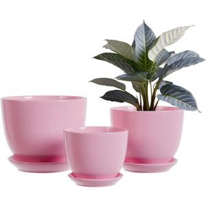 Pink Ceramic Flower Pots,Indoor Decorative Plant Pots Set of 3-4"+5"+6" Inch Small Glazed Succulent Planters with Drainage Hole,Modern Garden Pots with Saucer