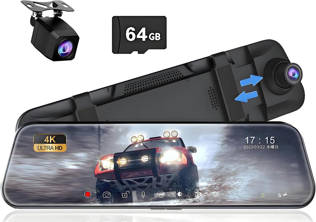10" Mirror Dash Cam, 4K FHD Rear View Mirror Camera with Smart Touch Screen, Dual Dash Camera for Cars, Loop Recording, G-Sensor, Reverse Assist,Parking Monitor,Night Vision,Free 64GB Card (10" Round Screen-4K+1080P)