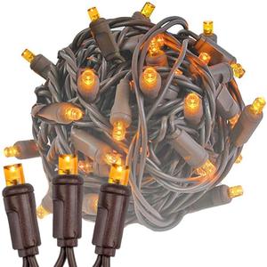 Novelty Lights 25ft 50 LED Amber Christmas String Lights, 6" Spacing on Brown Wire, UL Listed IP55 Commercial Grade Xmas Lights for Outdoor/Indoor, Dimmable, Connectable, Amber