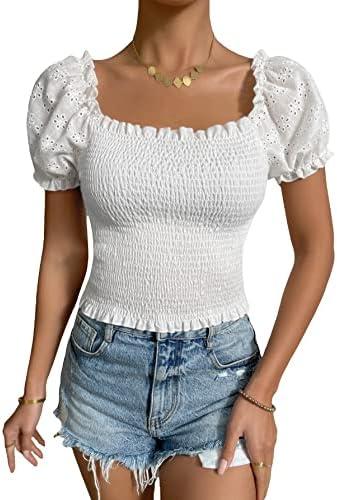 SOLY HUX Women's Square Neck Puff Short Sleeve Frill Shirred Smocked Crop Tops Blouse, White, XL