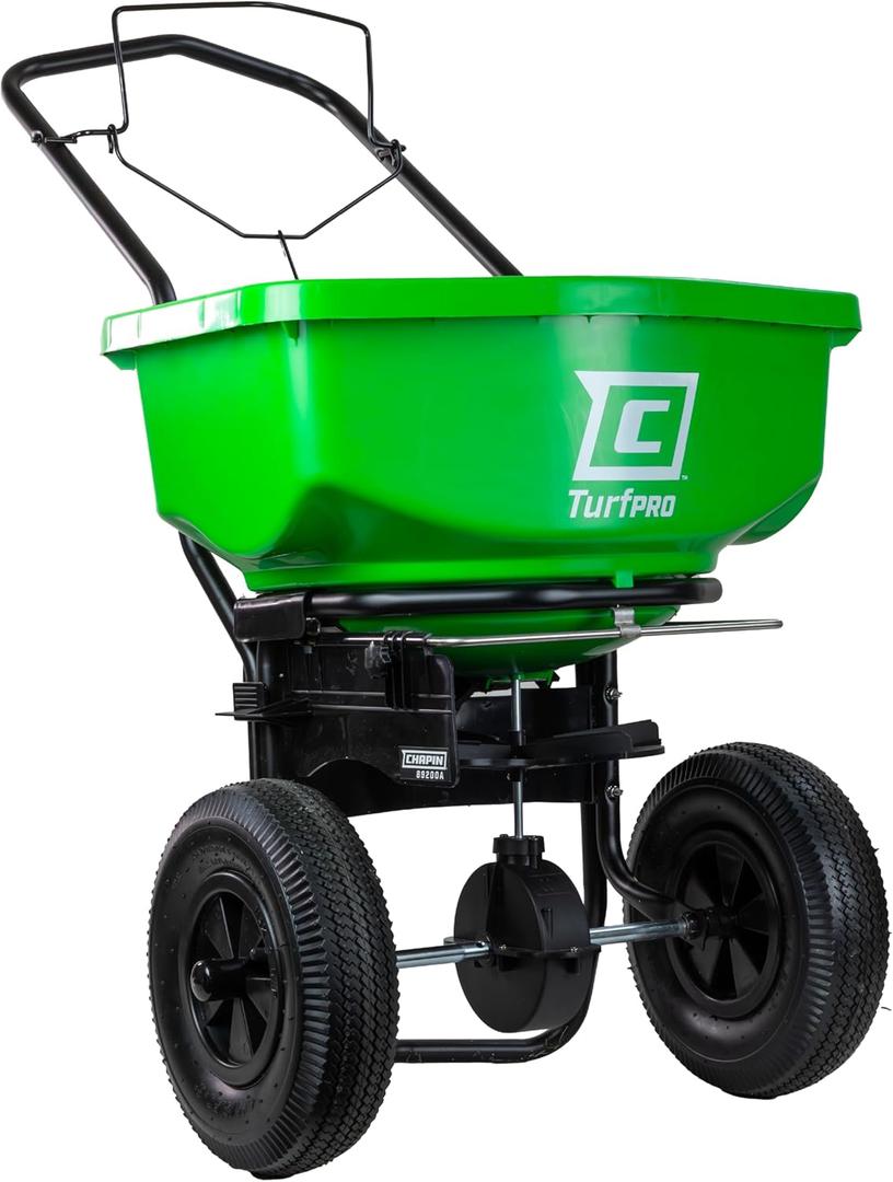 Chapin 89200A Spreader, Lawn and Garden, 80Lbs, All Season, TurfPro, Broadcast, Push, Walk Behind, 12" Tires, Weather-Proof, Poly Hopper, Pull-Bar Lever with 30 Setting Gate, Fertilizer and Seeds
