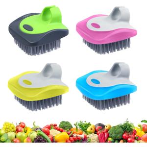 Aodaer 4 Pieces Vegetable Brush Potato Scrubber Brush Silicone Hard and Soft Side Fruit Cleaning Tools for Delicate or Tough-Skinned Vegetables (Blue, Hot Pink, Yellow, Green)