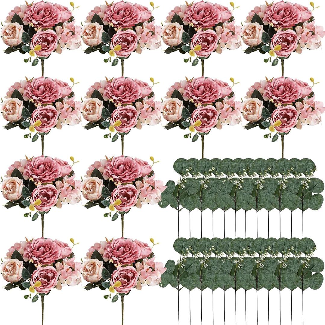 Peony Artificial Flowers, Faux Peonies Hydrangea Eucalyptus Bouquet 12 Packs Silk Vintage Realistic Peony Floral Arrangement for Wedding Centerpiece Table Vase Home Party Decor-Dusty Pink