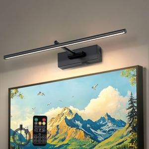 Battery Operated Picture Light with Wireless Remote 3CCT Dimmable Black Wall Art Lights for Paintings Rechargeable Home Decor Gallery Light 16'' Artwork Lighting for Canvas Timer Function (20 inches)