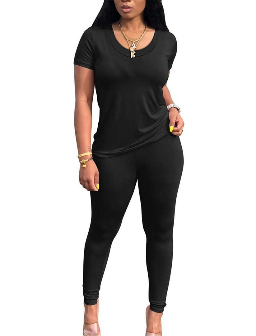 chicyes Workout Sets For Women Summer Casual 2 Piece Outfits Short Sleeve Tops Long Pants Lounge Matching Tracksuist Clothes (Black, S)
