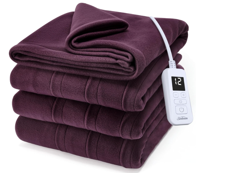 Sunbeam Royal Ultra Fleece Heated Electric Blanket Twin Size, 84" x 62", 12 Heat Settings, 12-Hour Selectable Auto Shut-Off, Fast Heating, Machine Washable, Warm and Cozy, Claret 