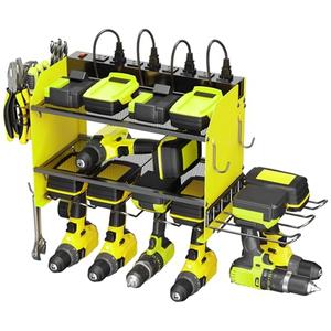 CCCEI Modular Power Tool Organizer Wall Mount Charging Station, Green 6 Drills Holder with 8 Plug Power Strip 6FT, Garage Drill Battery Heavy Duty Metal Shelf, Utility Rack with Hooks, Side Storage.