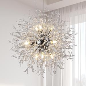 Sputnik Dining Room Chandelier, Modern Dandelion Hanging Lamp, Crystal Beaded Lighting, Round 9-Light Pendant Light Fixtures for Kitchen Island Bedroom Living Room Entryway (Chrome, D19.6inch)