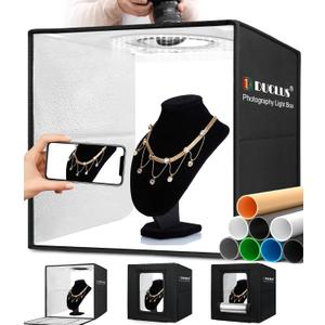 DUCLUS Light Box Photography, 16x16 Inch Photo Light Box with 160 Dimmable LED Lights (CRI 97+), 6 PVC & 2 Paper Backdrops, Portable Studio Box for Product Photography: Jewelry, Food, Shoes