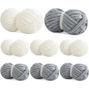 8 Pack Chunky Chenille Yarn for Crocheting & Knitting, 29.5yds 5 oz Each Skein Soft Fluffy Kitting Set, Thick Velvet Plush Yarn for Handcrafts Weaving Making Blankets (White Grey)