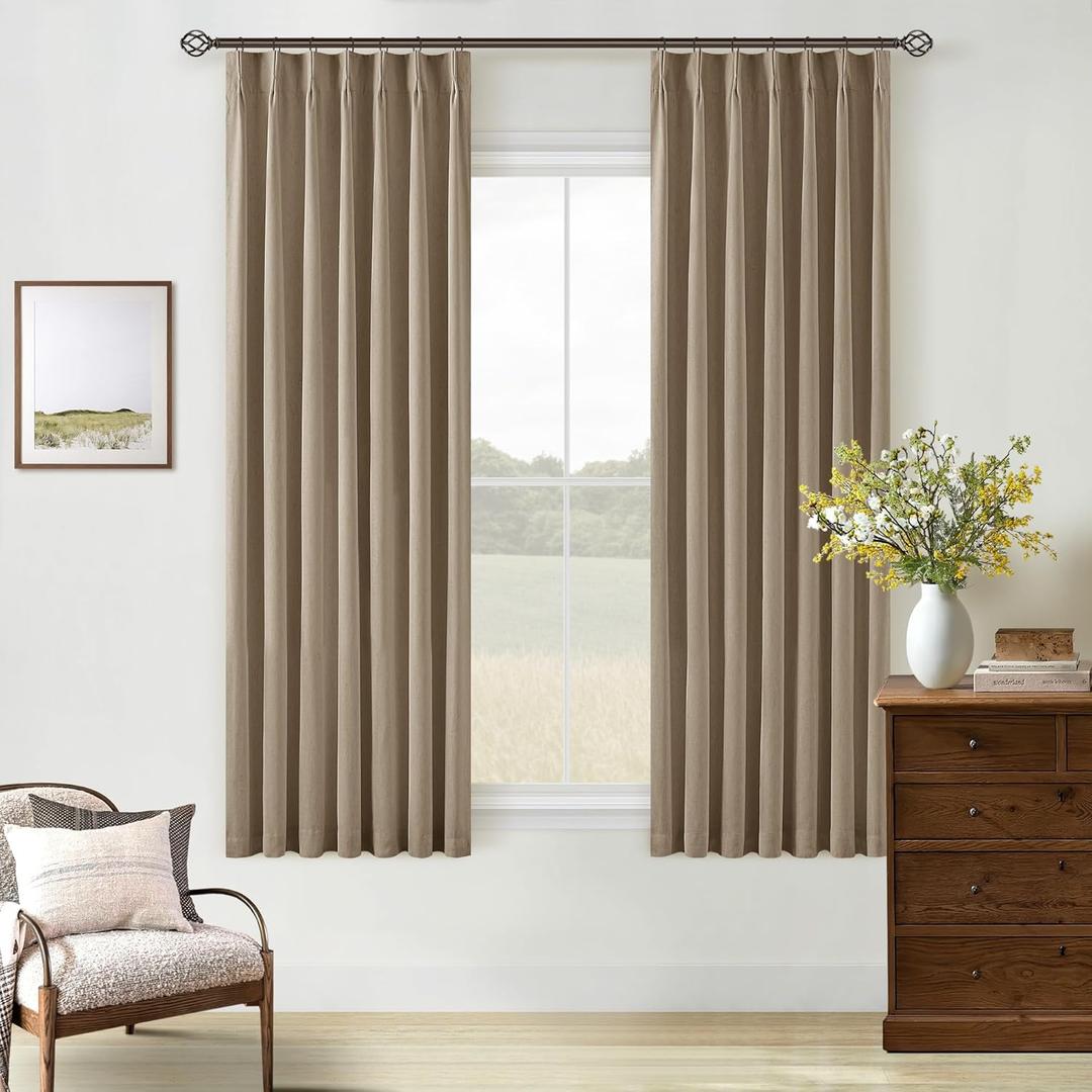 Light Brown Black Out Curtains 63 Inch Long for Bedroom Pinch Pleated with Rings Hooks Back Tab Thermal Insulated Short Linen Blackout Drapes Farmhouse Living Room Darkening Kitchen Coffee Curtains