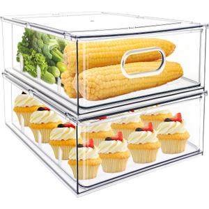 MANO 2Pack Clear Fridge Drawers Pull Out Stackable Refrigerator Drawer Organizer Bins Pantry Storage Box Plastic Food Containers for Kitchen Bathroom Office Closet (X-Large)