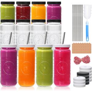 Encheng 12 Pack 16oz Glass Juice Bottles,Reusable Juicing Bottles with Lids and Straws,Embossed Juice Containers Kombucha Bottle Smoothies Jars for Water, Iced Coffee,Party,Travel