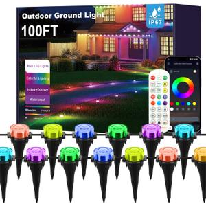 Outdoor Ground Lights, 100FT Smart RGB Pathway Lights with APP/Remote Control, Music Sync, Timer Function, IP67 Waterproof Wired Color-Changing Pathway Light for Garden, Courtyard, Lawn and Parties