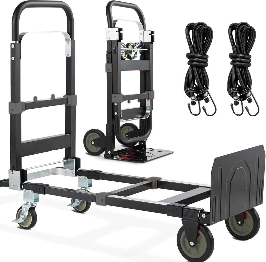 3-in-1 Folding Hand Trucks, 600Lbs Convertible Hand Truck Dolly, Heavy Duty Convertible Dolly with Retractable Handle and 4 Rubber Wheels, Collapsible Cart for Moving Office/Home/Warehous(Black)