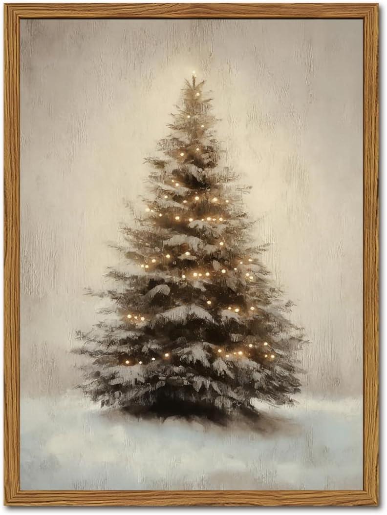 Vintage Christmas Tree Wall Art, Winter Holiday Botanical Wall Decor Paintings, Rustic Pine Tree Canvas Prints Artwork Picture for Farmhouse Mantel Bedroom Living Room 12x16 inch Wood Framed