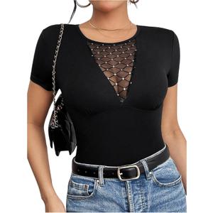 WDIRARA Women's Rhinestone Mesh T Shirt Crew Neck Short Sleeve Tee Fitted Top M