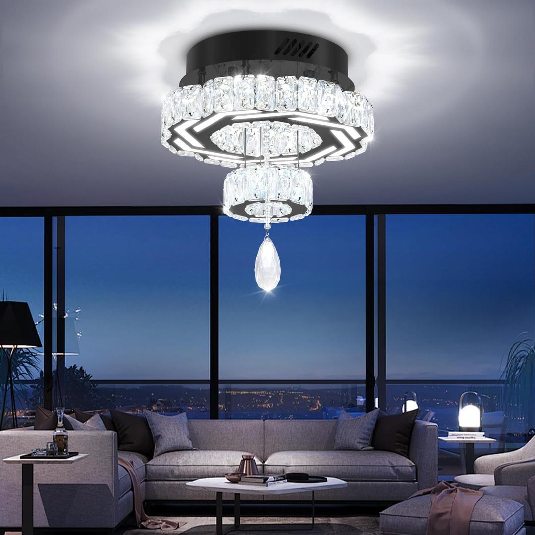 Flashing God 12" Modern Crystal Chandeliers Black Flush Mount Ceiling Chandelier Mini Chandelier for Hallway LED Dimmable Crystal Pendant Light for Dining Room Living Room Bedroom