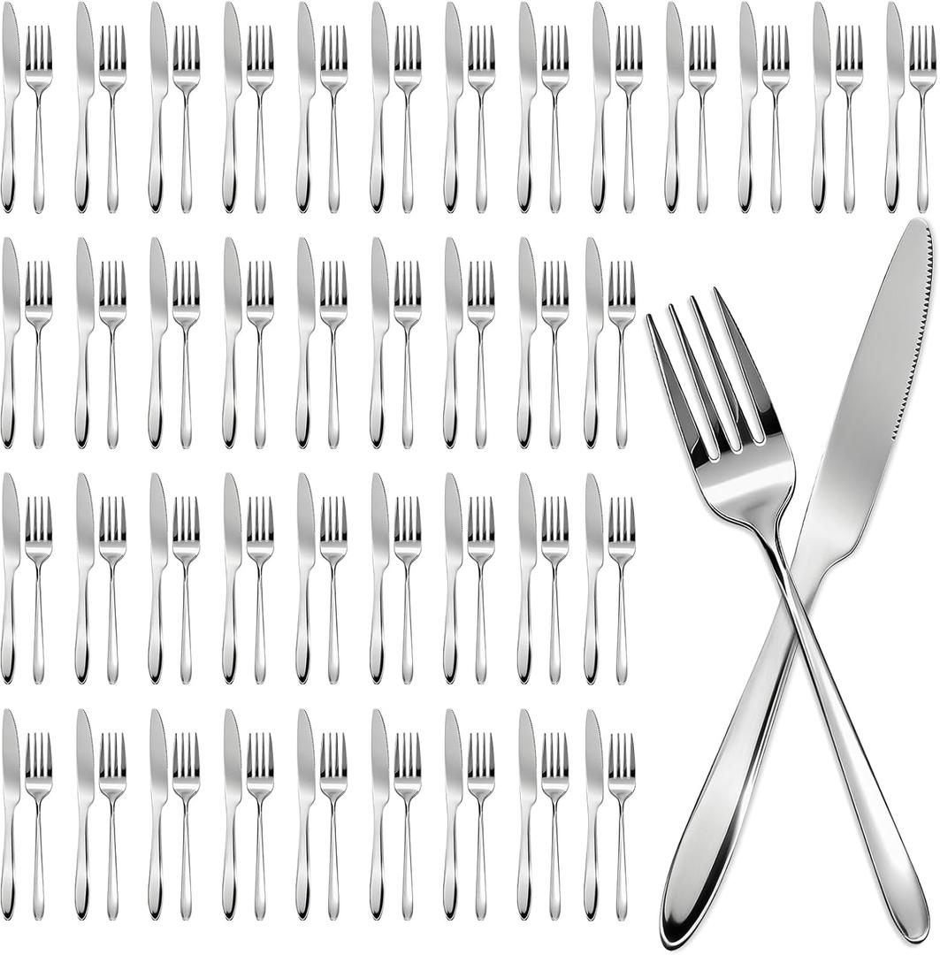 200 Pcs Forks and Knives Bulk Stainless Steel Silverware Set 100 Dinner Forks and 100 Knives Metal Mirror Polished Flatware Tableware Cutlery for Home Restaurant Kitchen Dishwasher Safe