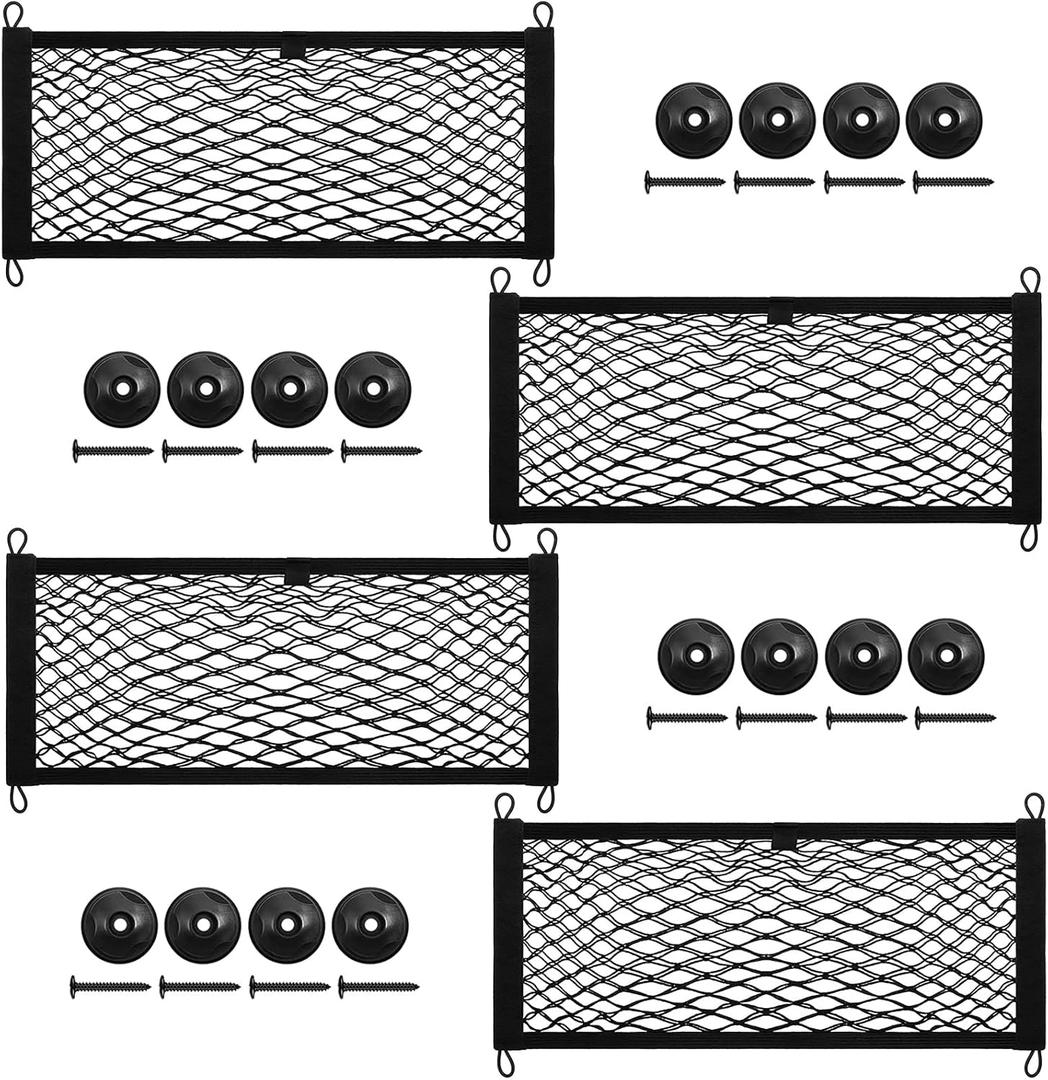 [4 Pack] Cargo Storage Net, 23.6x9.8'', DEDC Cargo Net Pocket, Universal Accessories Elastic Automotive Large Cargo Net Storage Mesh Pocket with 16 Mounting Screws, Hooks for Truck Car SUV Boats