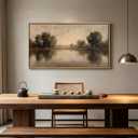 Large Framed Neutral Landscape Wall Art, Country Riverside Canvas Print, 48"LX24"W
