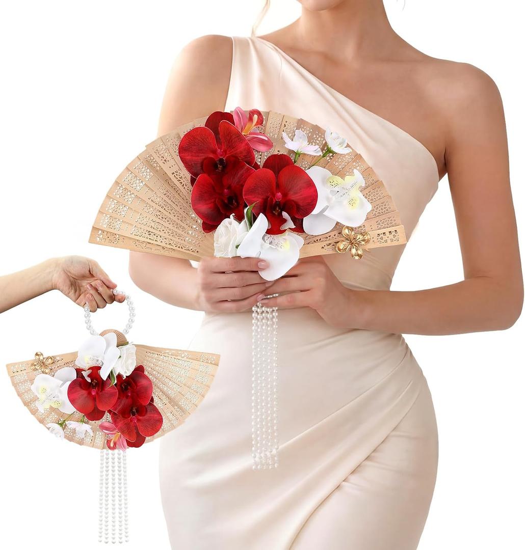 Novabright Wedding Fan Bouquet for Bride, Hollow Wooden Fan Artificial Orchid Bouquet with Pearl Tassel for Wedding Ceremony Party Church Bridesmaid